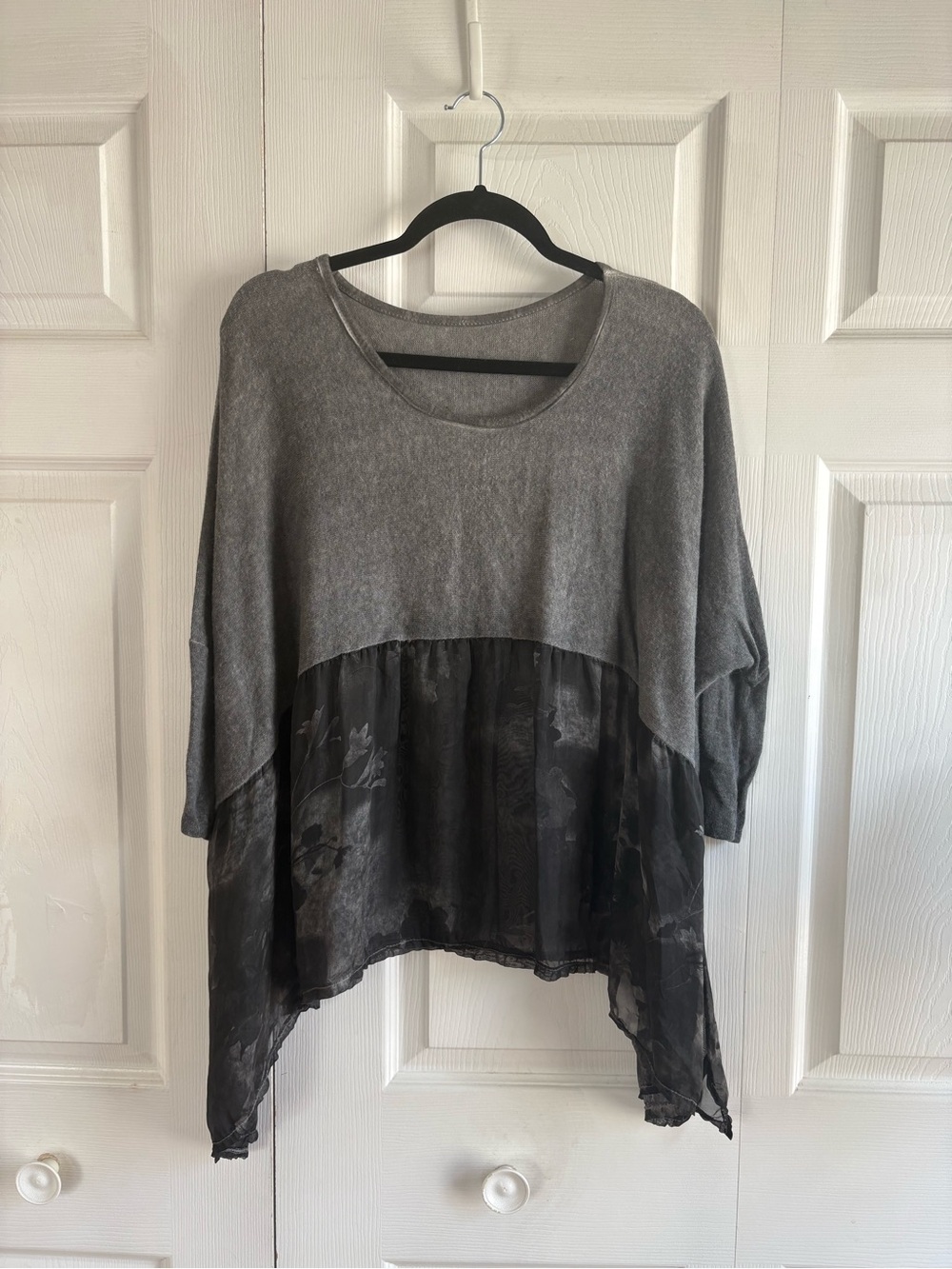 Italian Boutique Lagenlook Knit Grey Cashmere Sweater S Silk Floral Bottom Relax